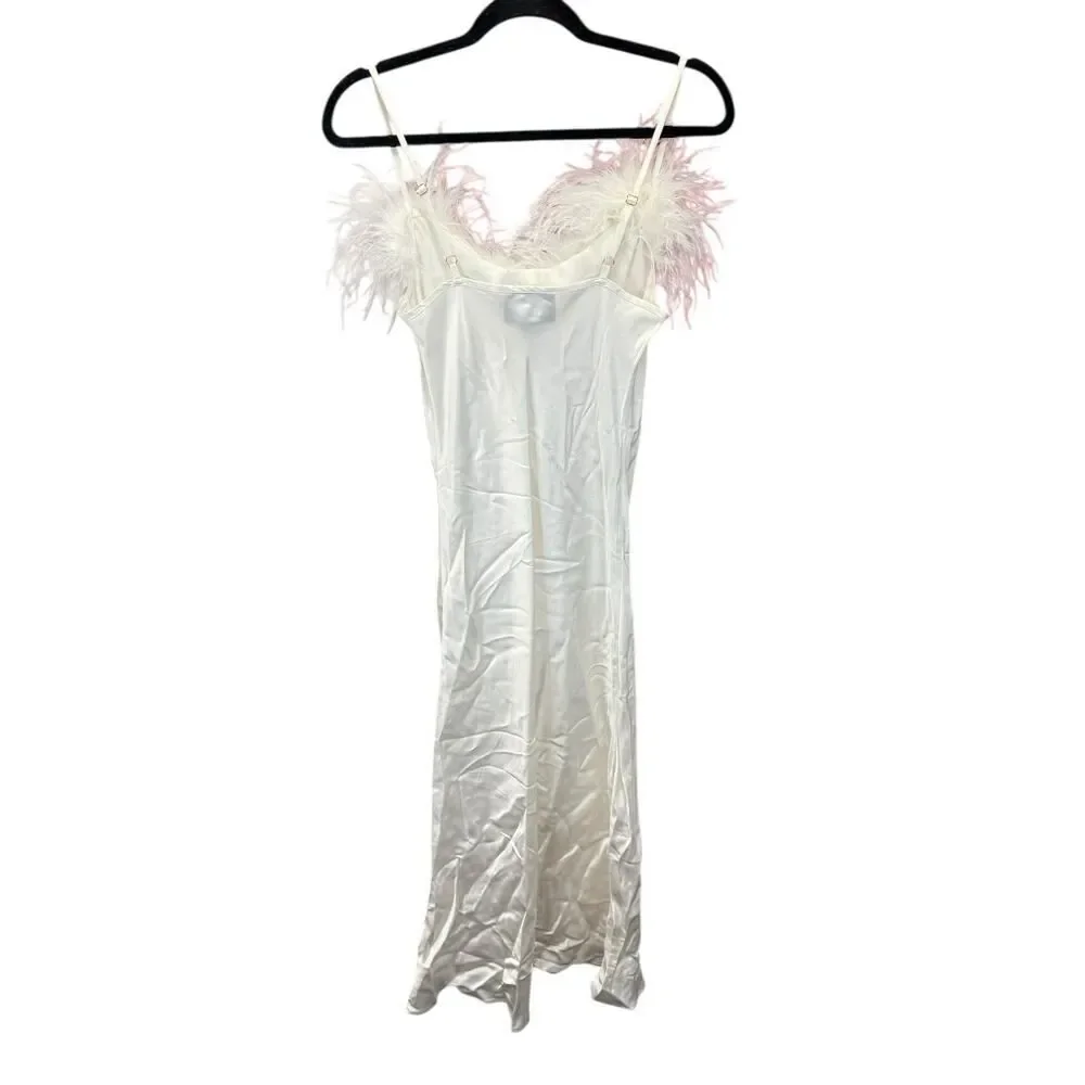Sleeper White Boheme Feather Trim Slip Dress Size XS 100% Rayon Satin Bridal